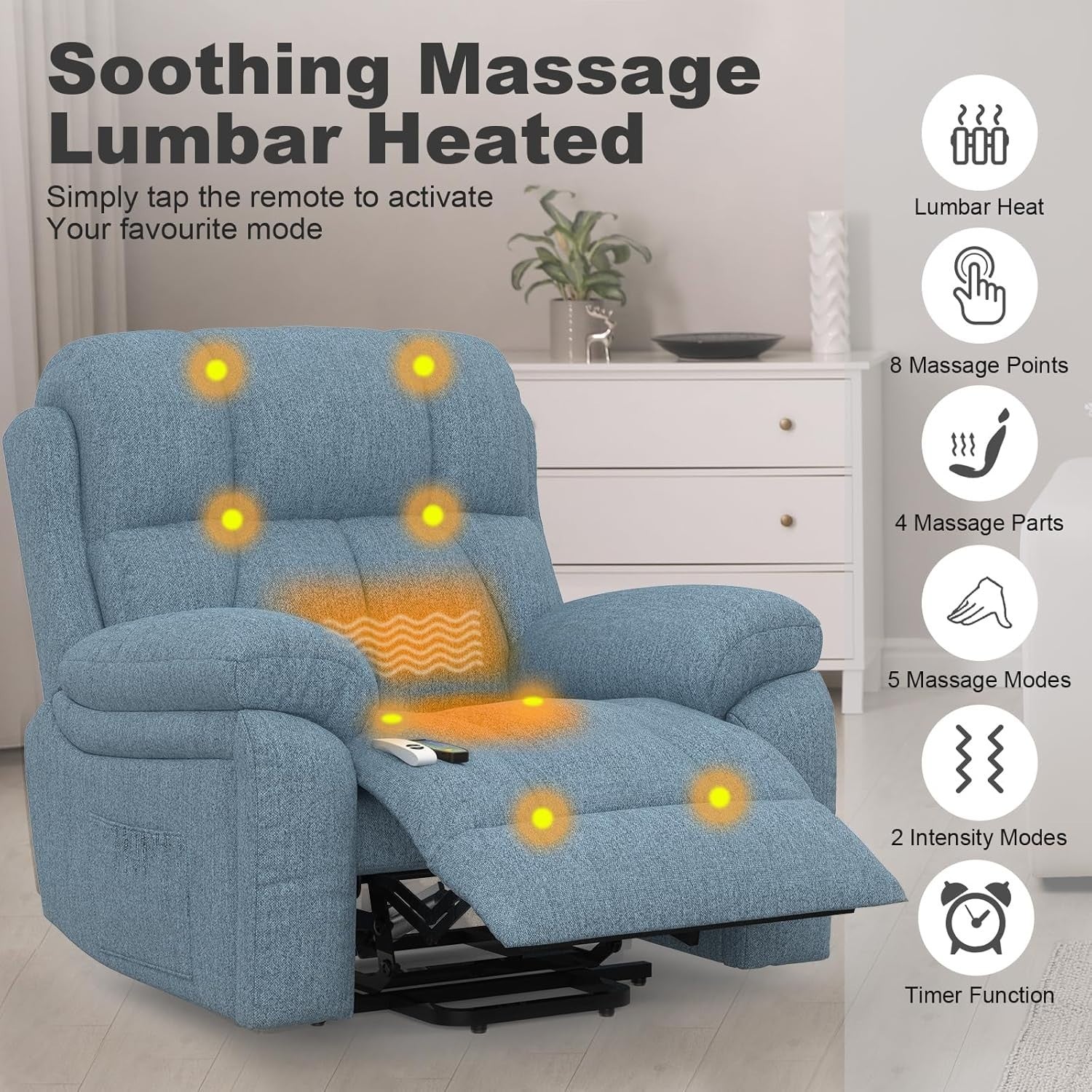 Power Lift Recliner Chair Oversized Massage Heat USB Type-C Footrest Blue