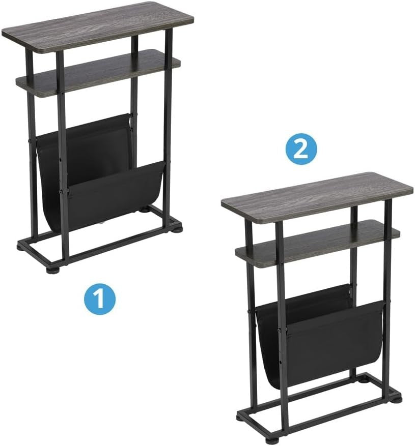 Slim Industrial Side Table with Magazine Holder & Adjustable Feet 18x42x55cm