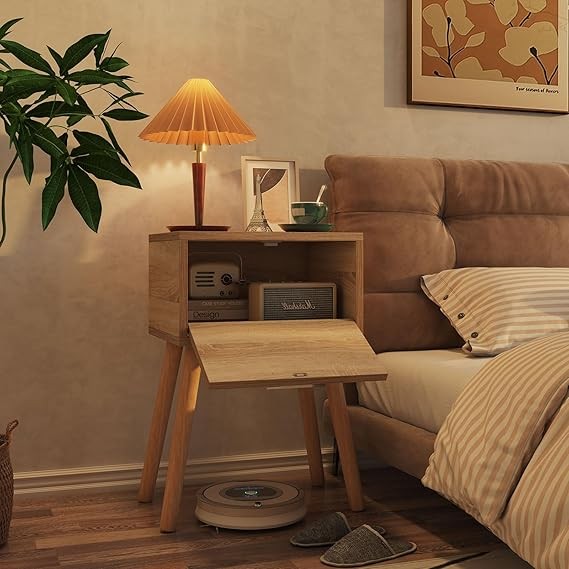 Set of 2 Natural Bedside Tables with Rattan Drawer & Wood Legs, Modern