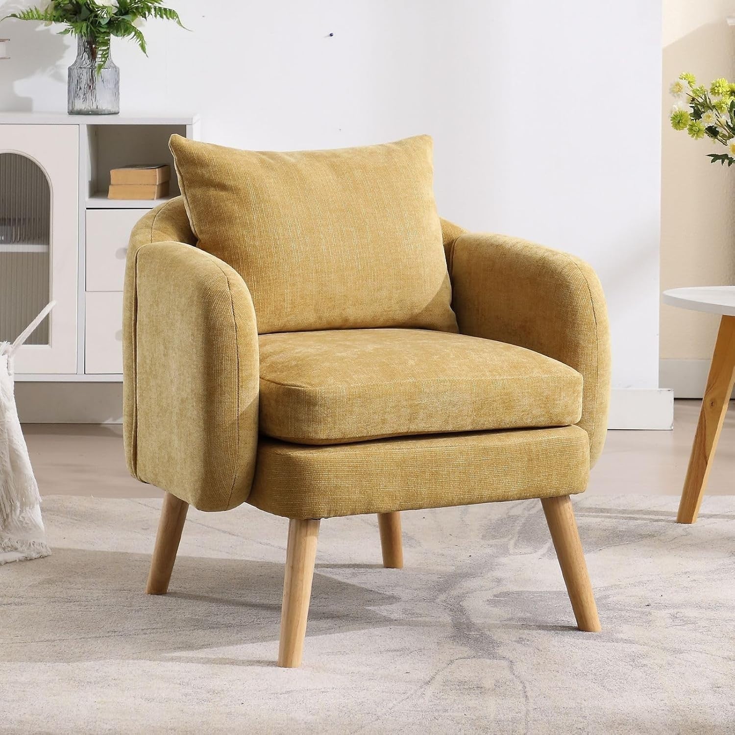 Yellow Accent Armchair Chenille Lounge Chair with Wood Legs for Living Room