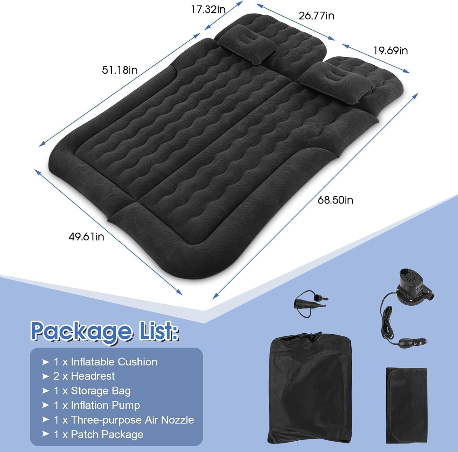 Inflatable Car Air Mattress 174×126CM PVC Flocking Travel Bed