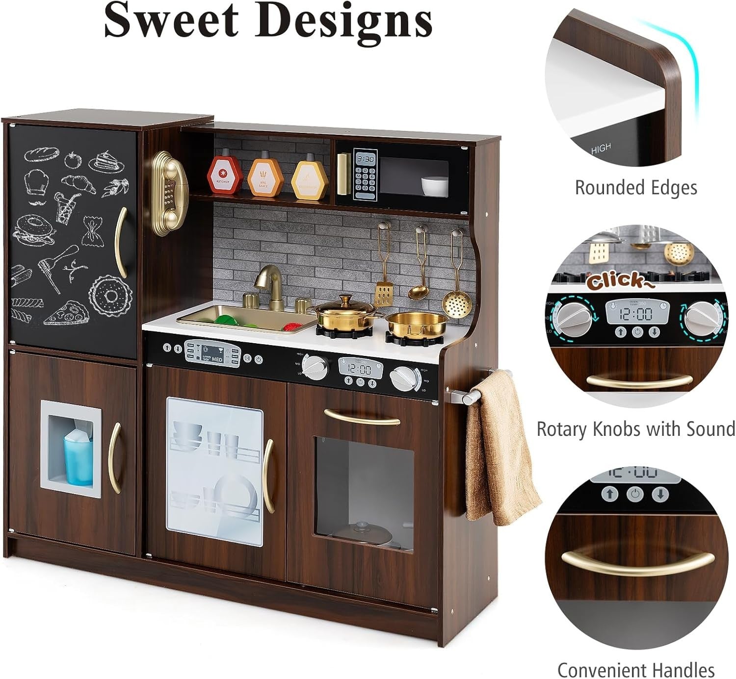 Kids Wooden Play Kitchen w/ Ice Maker Chalkboard Coffee Toy