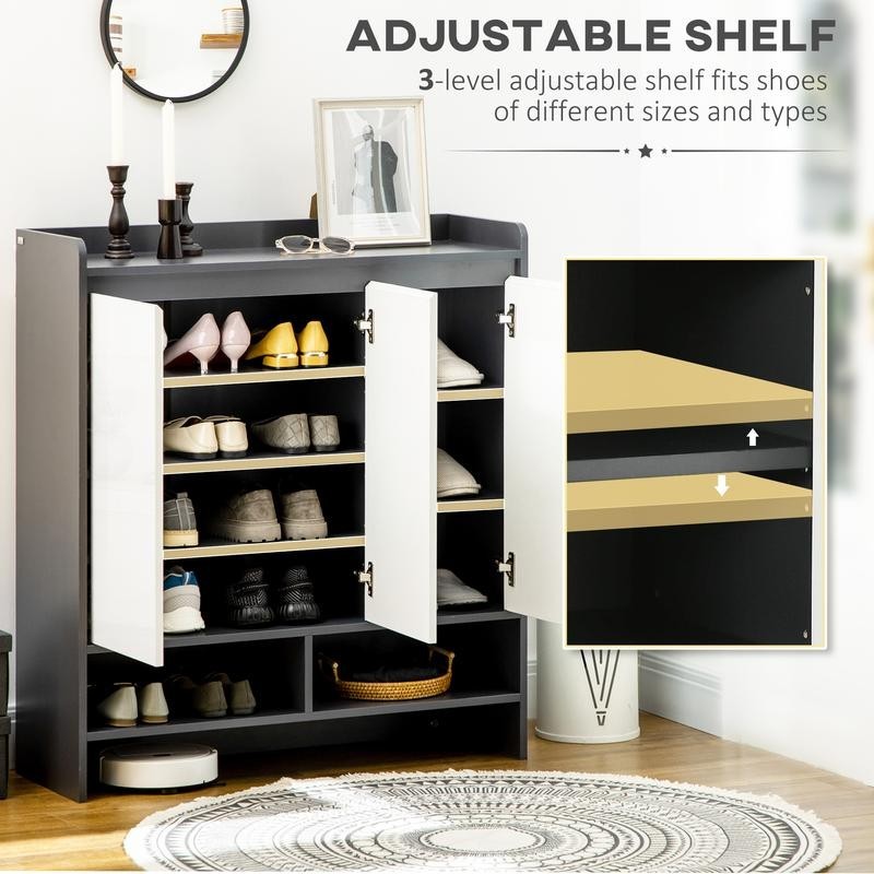 High Gloss Shoe Storage Cabinet White Doors Shelves Unit for 24 Pairs