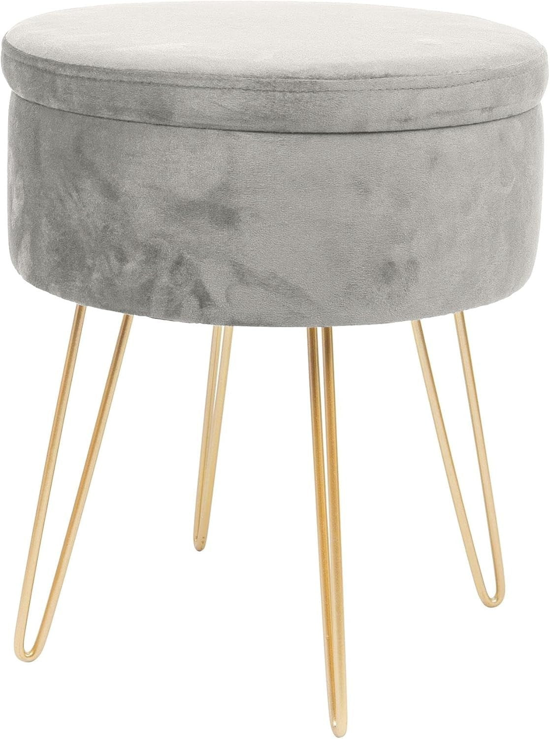Grey Velvet Round Footstool with Storage & Gold Legs – Modern Vanity Pouffe