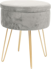 Grey Velvet Round Footstool with Storage & Gold Legs – Modern Vanity Pouffe