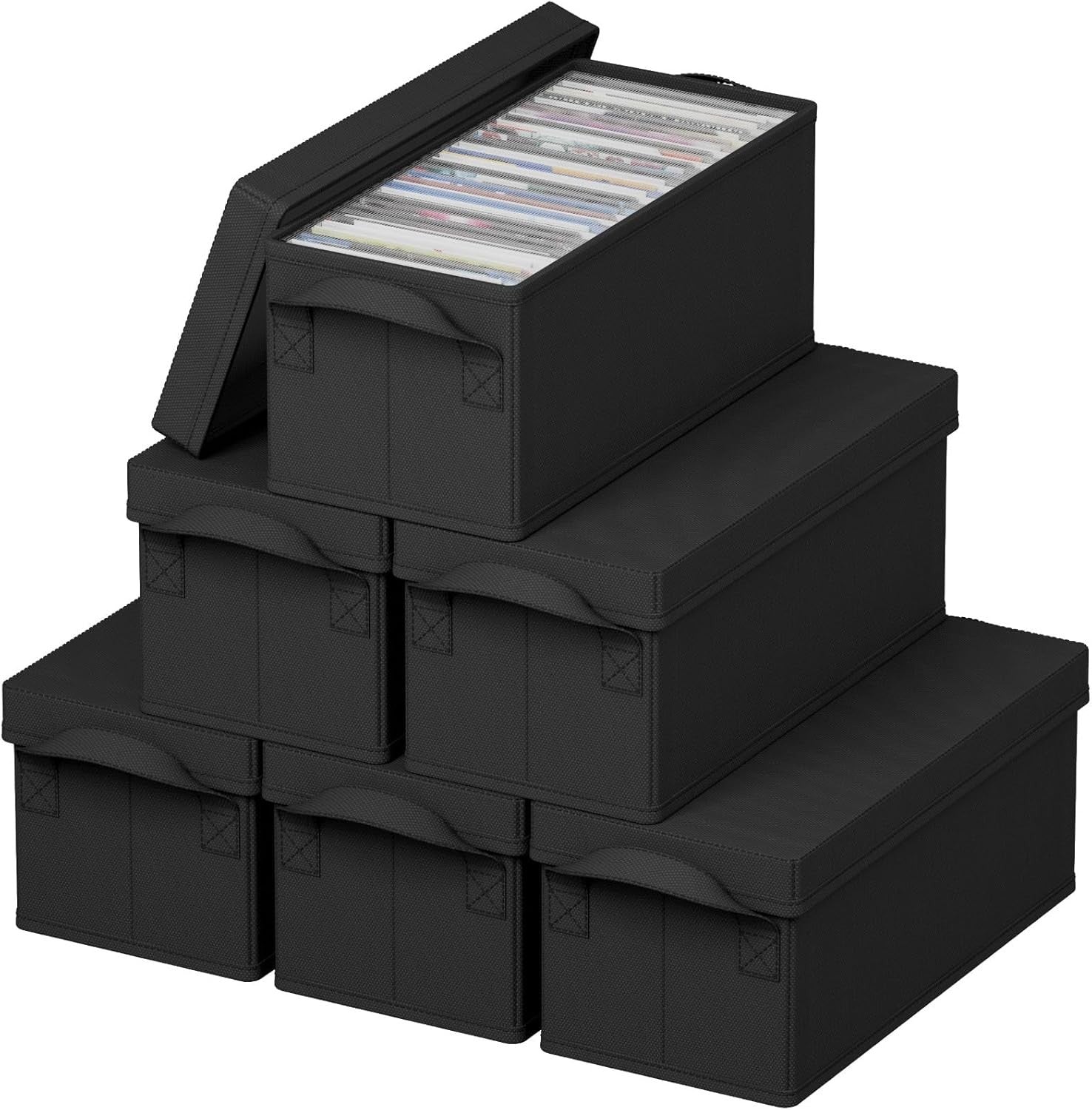 6 Pack CD Storage Boxes Stackable Lid Organizer Holds 180 CDs Black