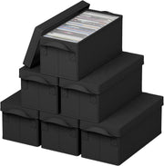 6 Pack CD Storage Boxes Stackable Lid Organizer Holds 180 CDs Black