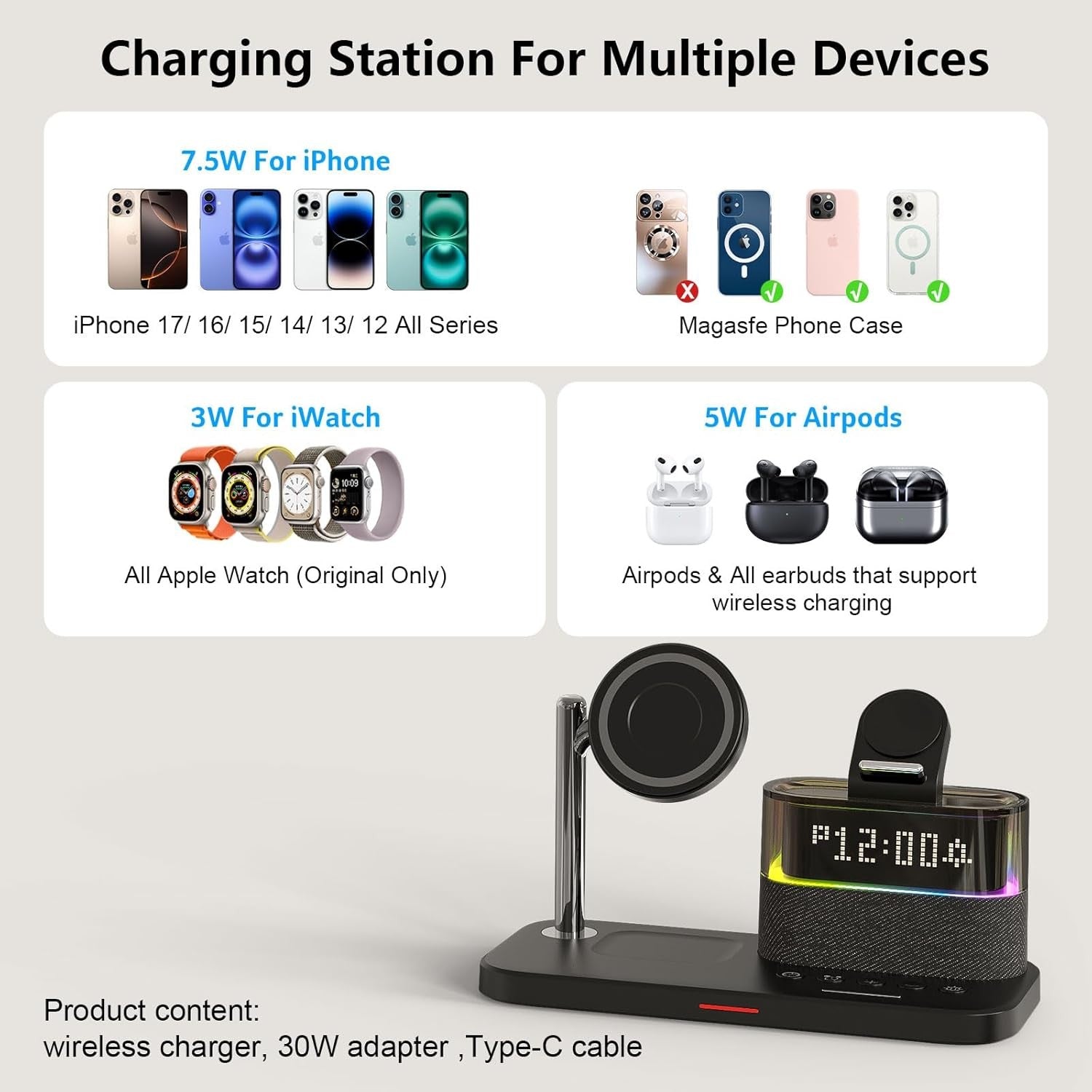 Wireless Charging Station Alarm Clock Fast Charger Stand Night Light