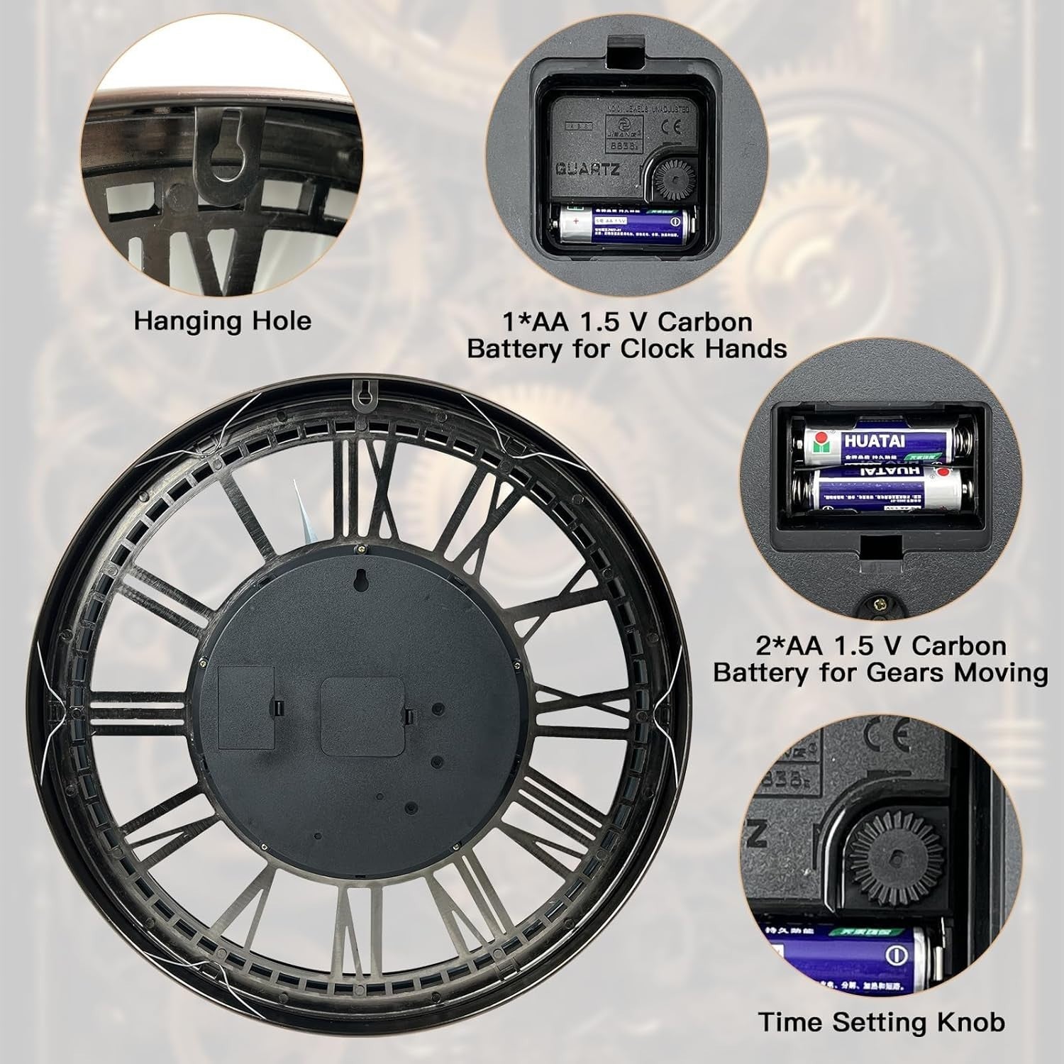 Industrial Gunmetal Moving Gear Wall Clock 21” Roman Numerals Decor