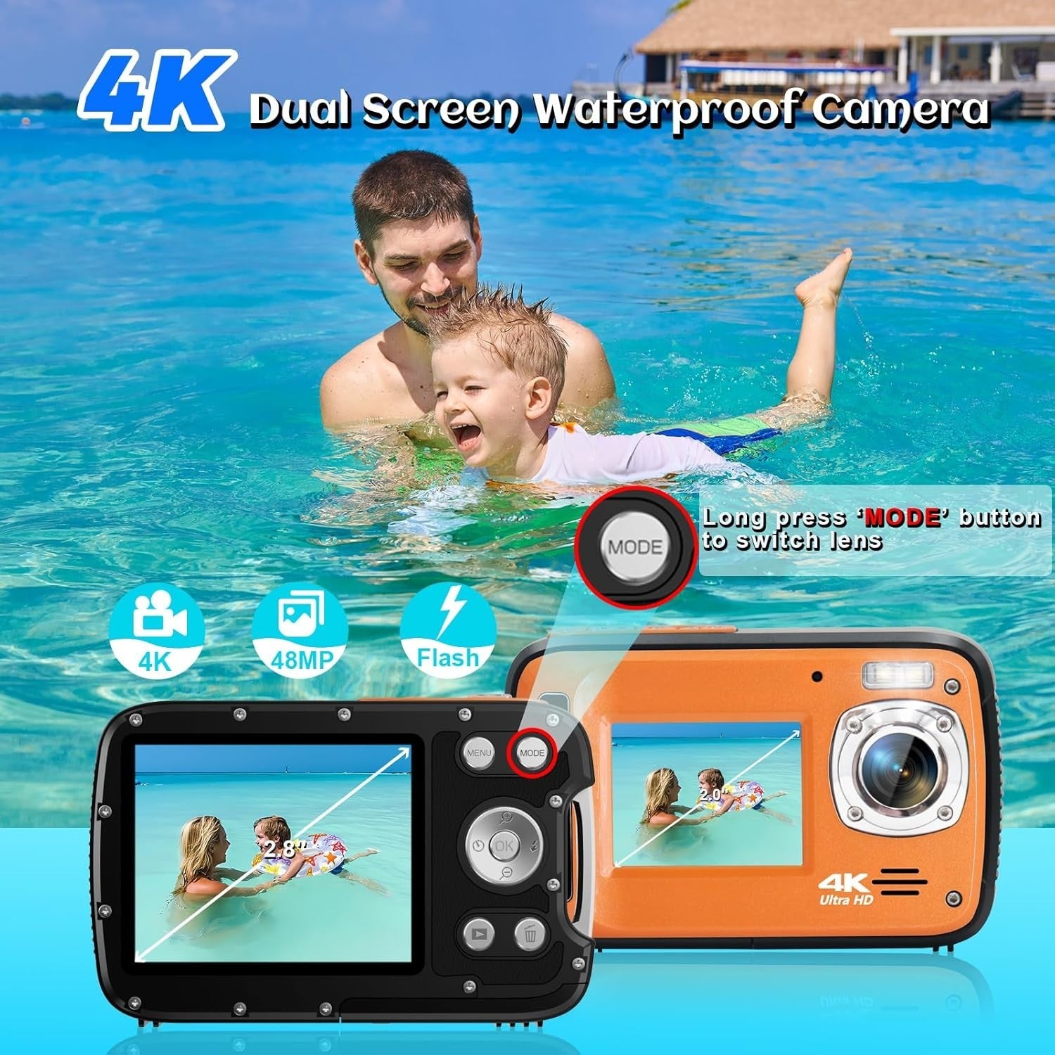4K 48MP Waterproof Digital Camera 17FT Underwater Dual Screen 18X Zoom