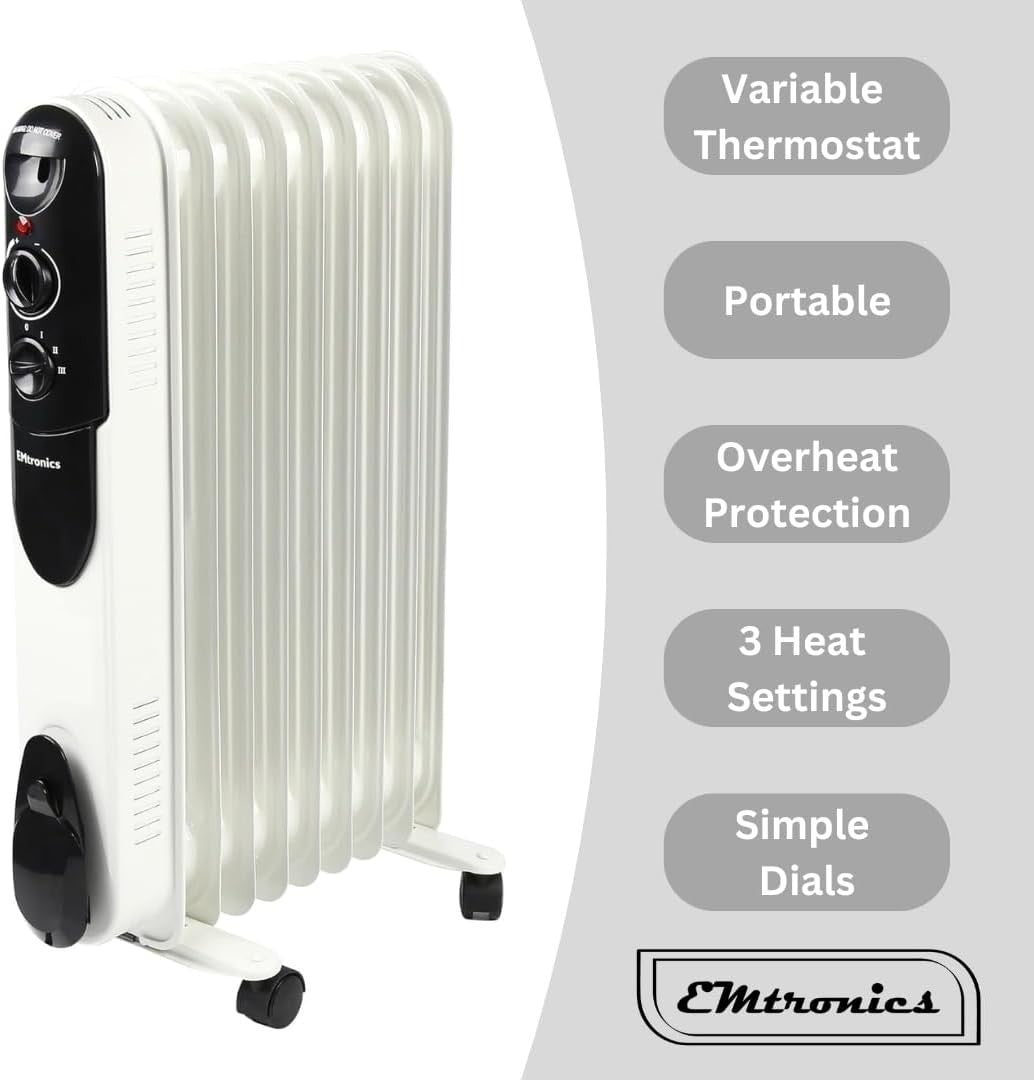2000W Portable Oil-Filled Heater 9 Fin Adjustable Thermostat 20sqm