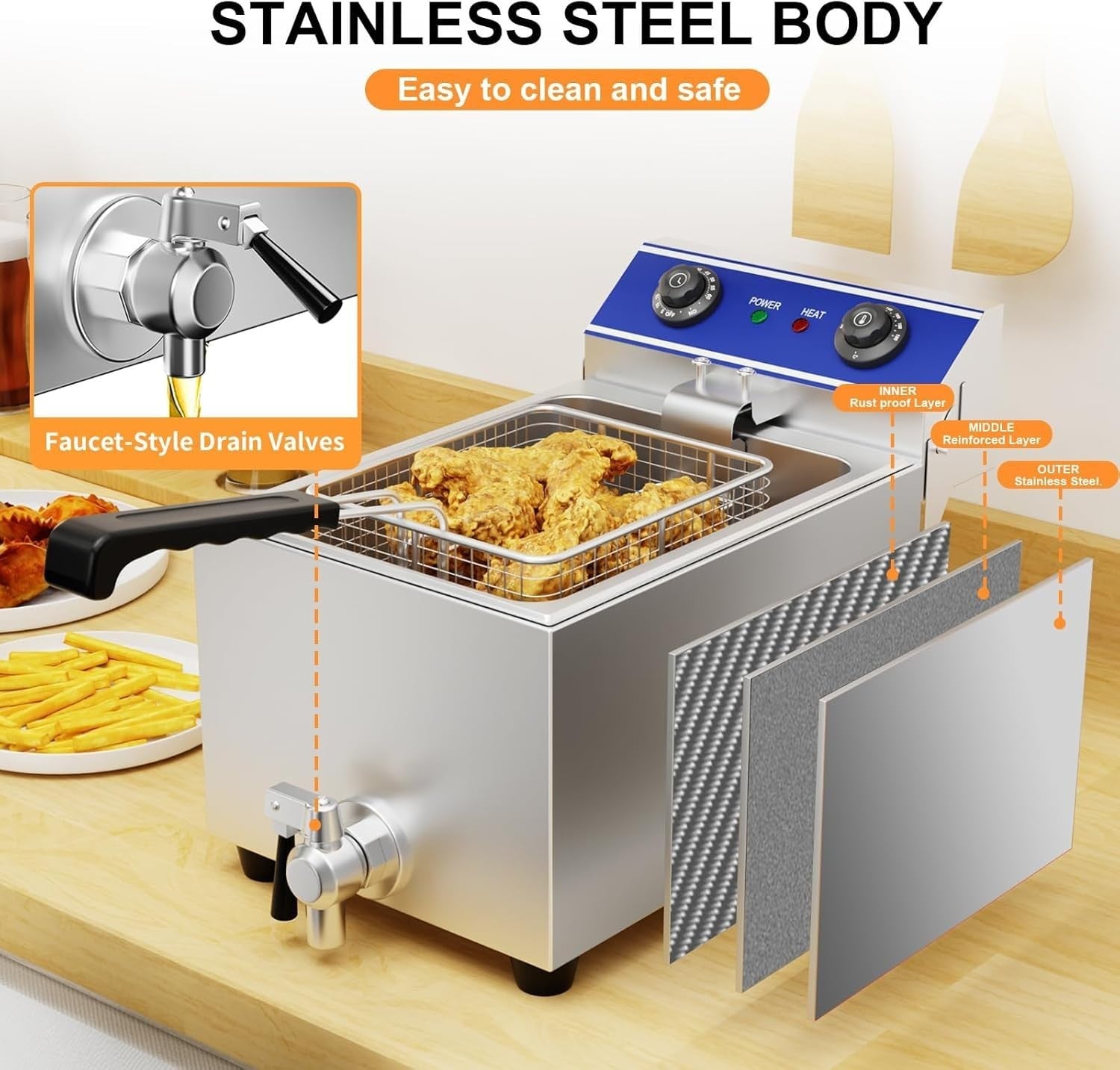 6L Commercial Deep Fat Fryer 2500W Stainless Steel Timer Countertop