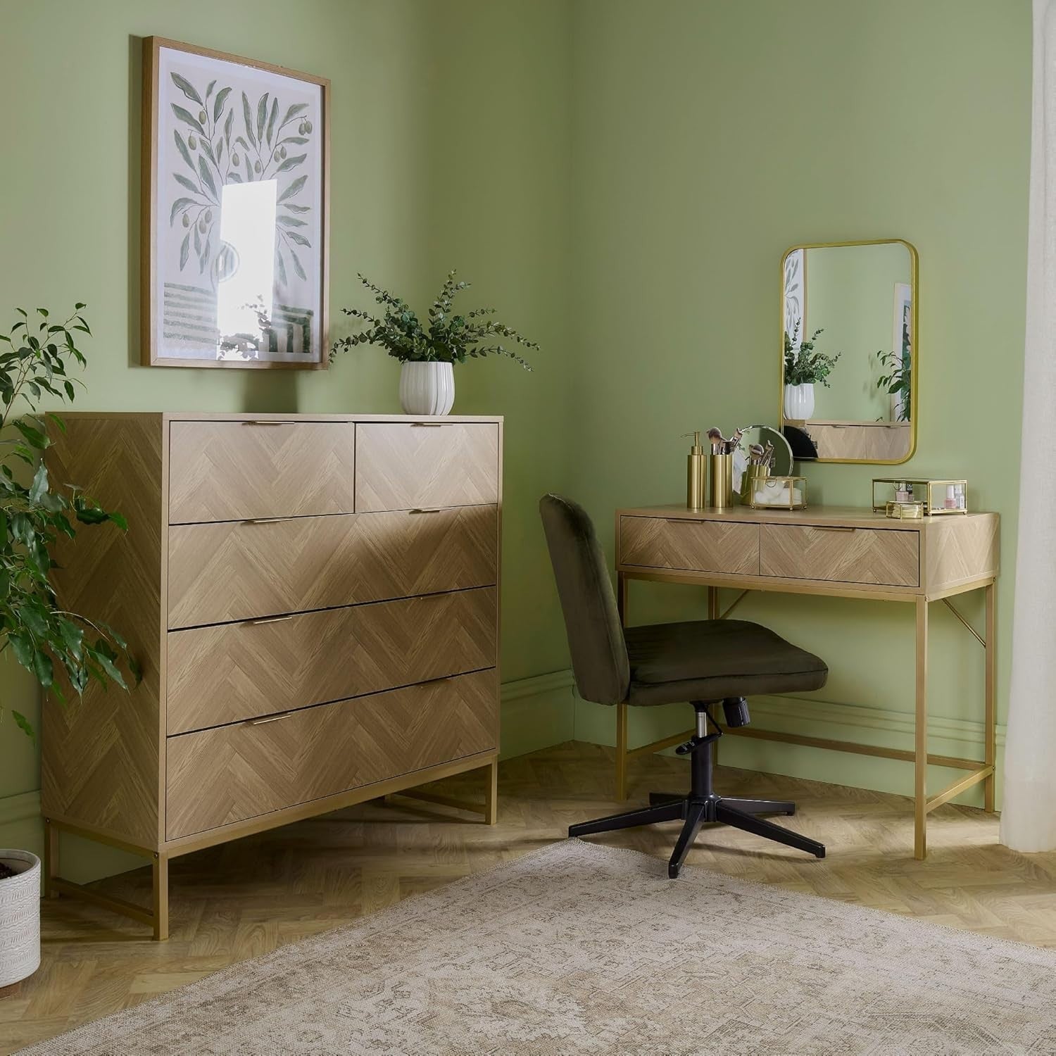 Herringbone 5 Drawer Bedroom Dresser Scandi Wood Effect Storage Cabinet