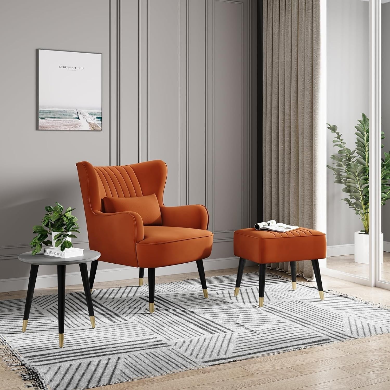 Velvet Armchair with Footstool Wing Back Chair Lounge Sofa Accent Seat