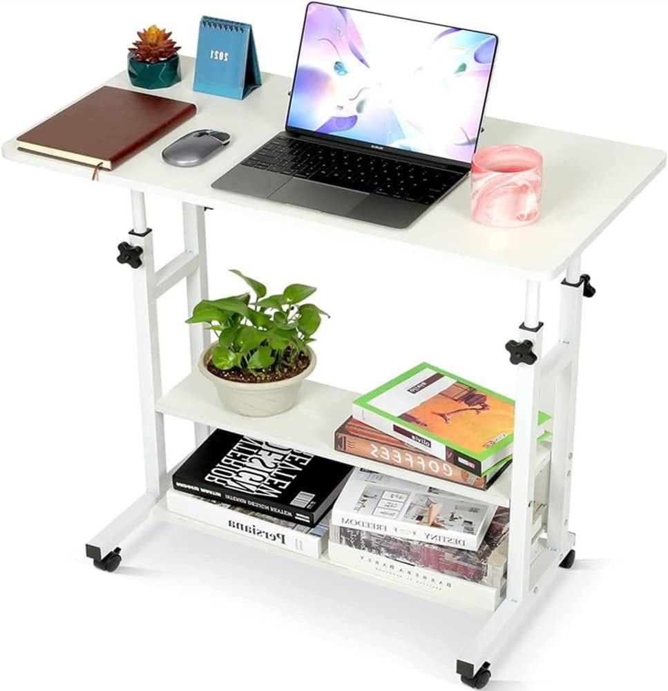 Mobile Computer Desk Height Adjustable Rolling Laptop Table with Shelves White