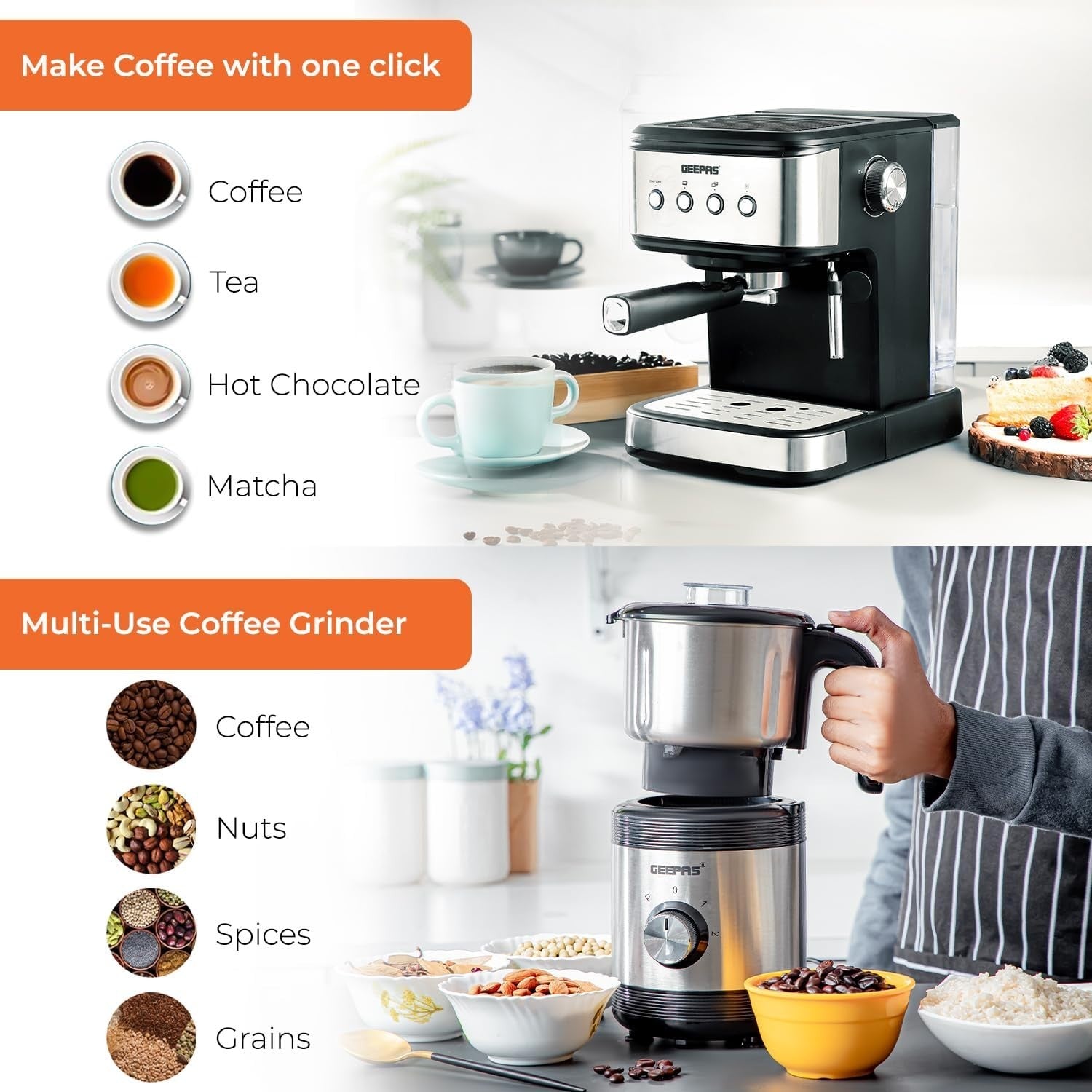 1100W Espresso Machine & 450W Grinder Set | 20-Bar Pressure | Milk Frother