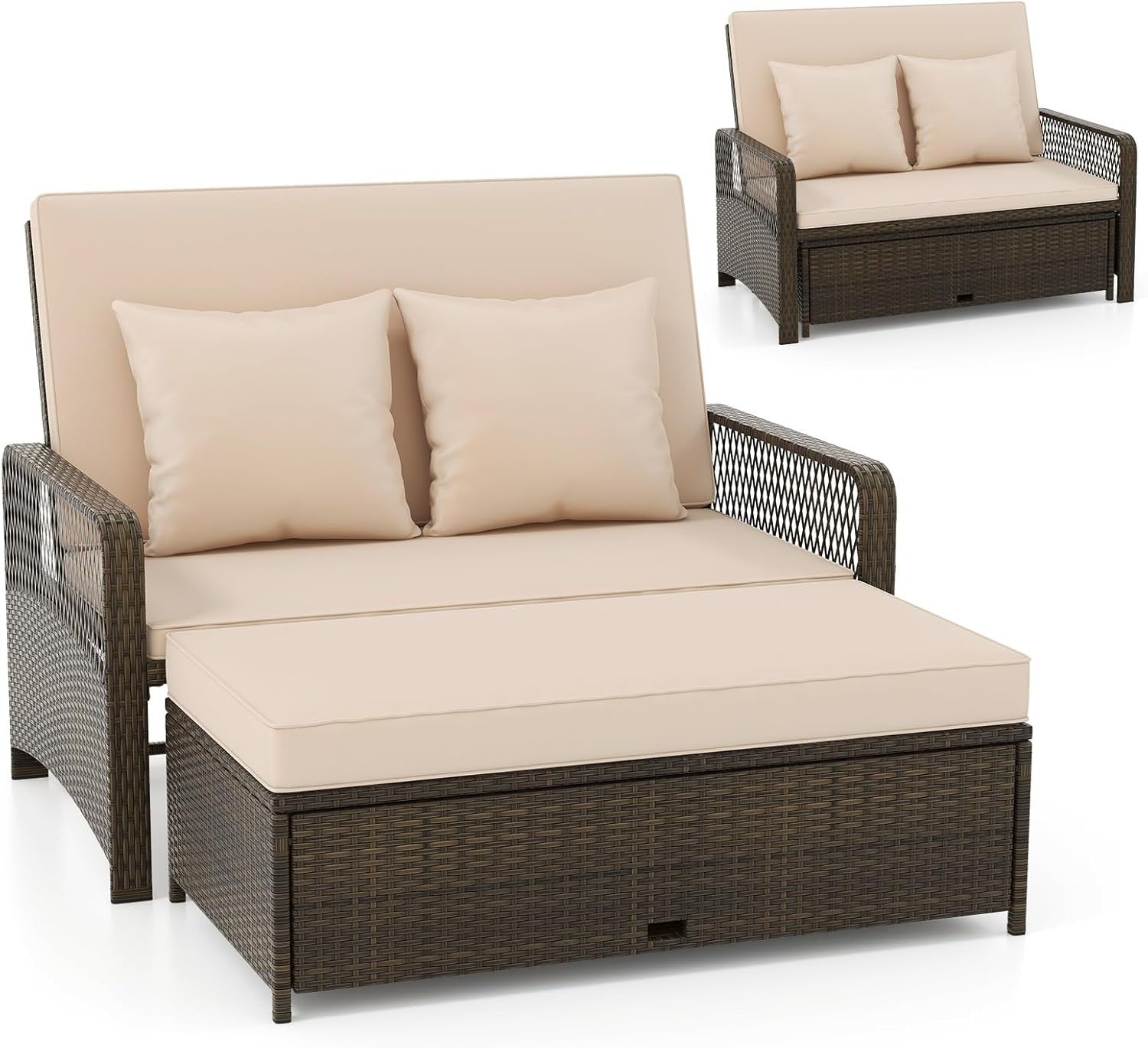 Adjustable Rattan Daybed with Storage Ottoman & Cushions – Outdoor Sofa