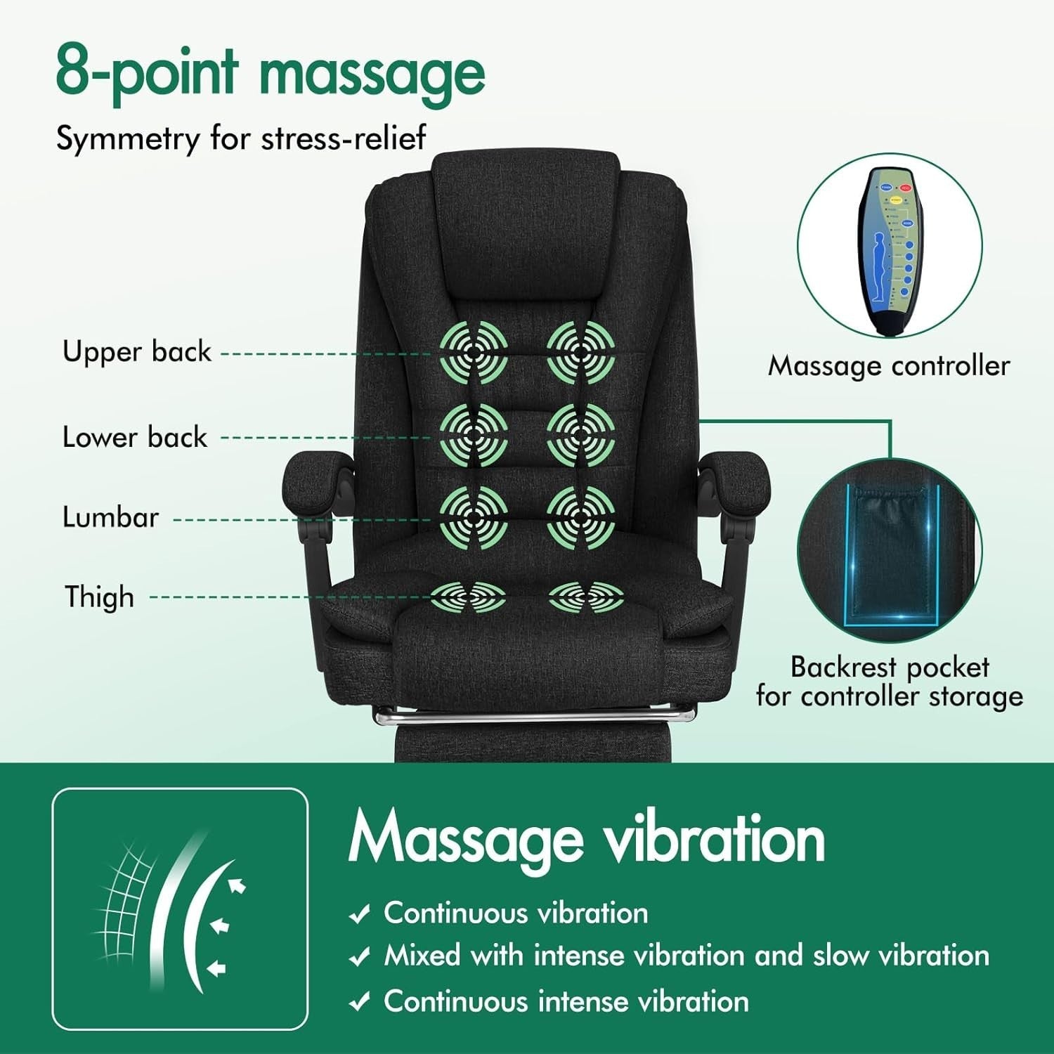 Black Massage Office Chair Heated 8-Point Recliner Footrest Ergonomic Linen