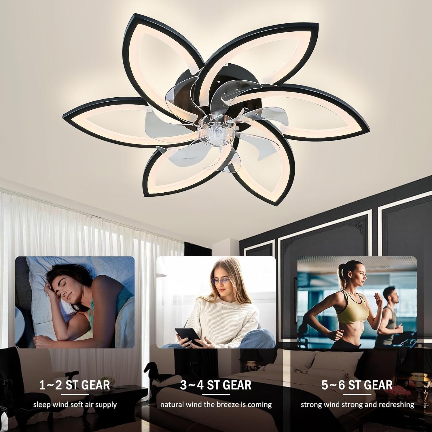 Ceiling Fan with Light, 6 Speeds, Dimmable, Flower Shape, 74 cm Black