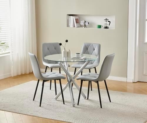 Modern 5-Piece Round Glass Dining Table Set with 4 Grey Chairs