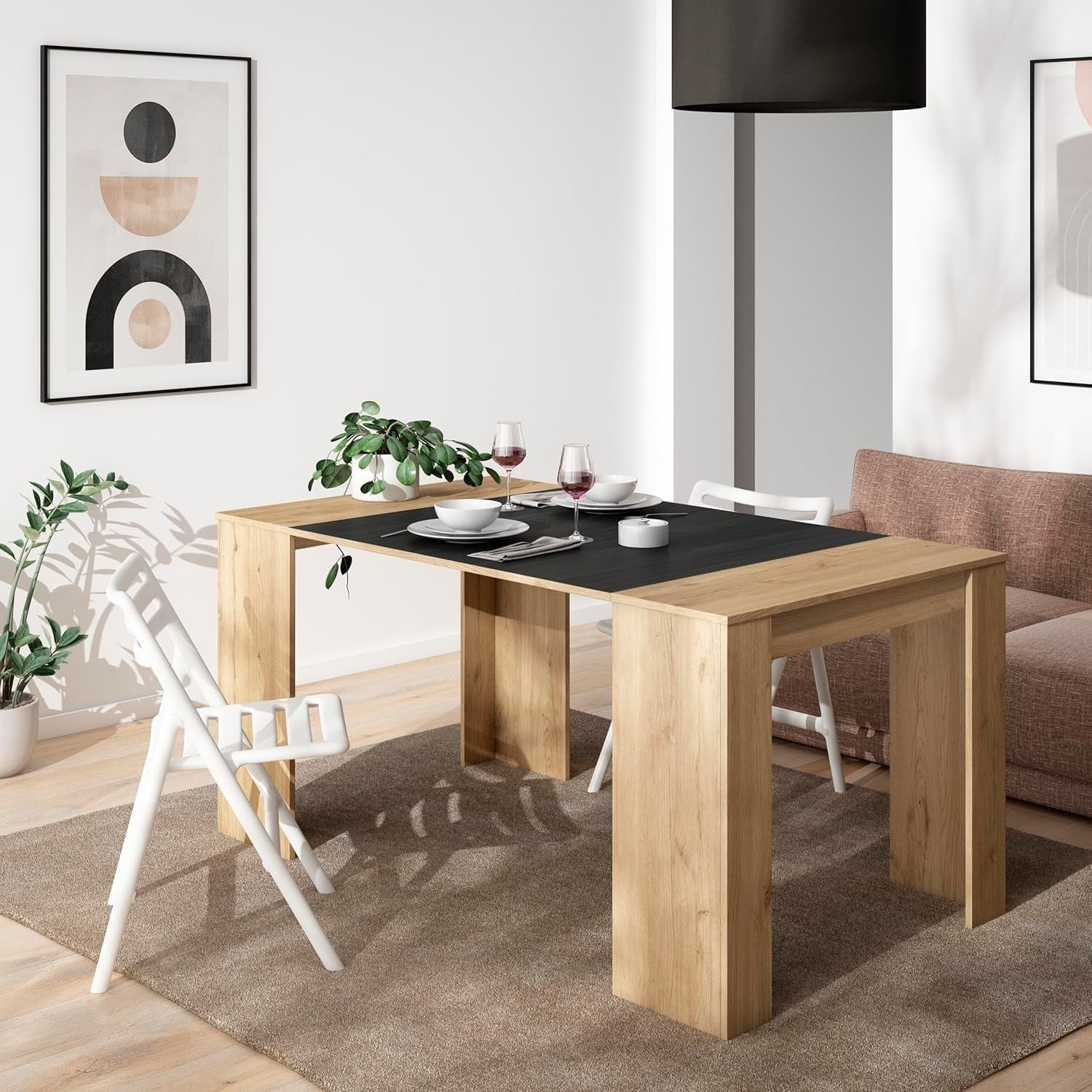 Extendable Folding Console & Dining Table Oak Black Seats 8