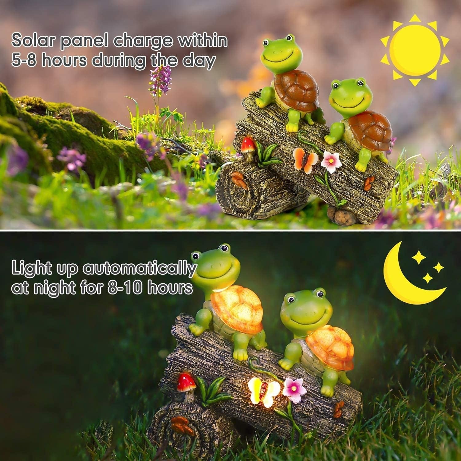 Solar Tortoise Garden Ornament Log Resin Statue LED Glow Outdoor Yard Decor Gift
