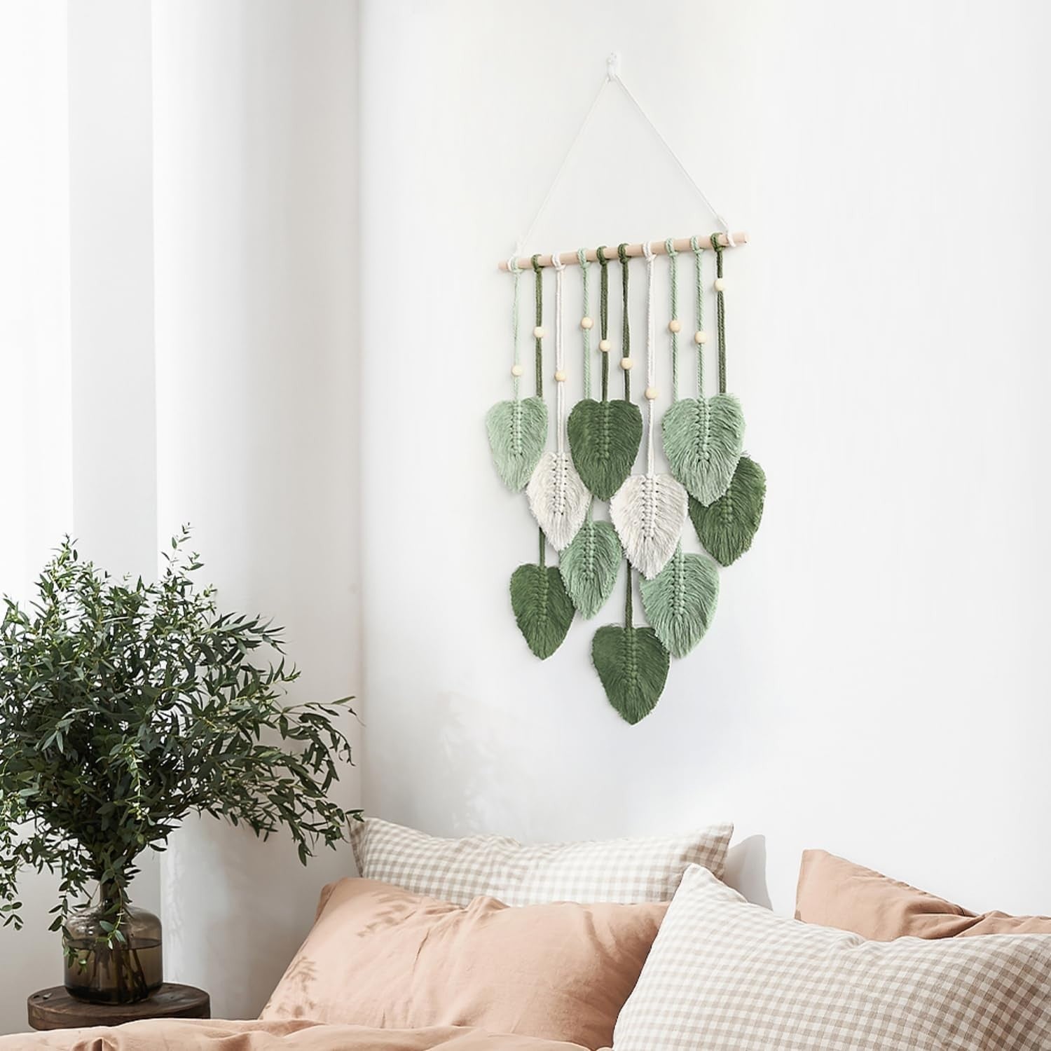 Green Boho Macrame Wall Hanging Leaf Woven Art Decor