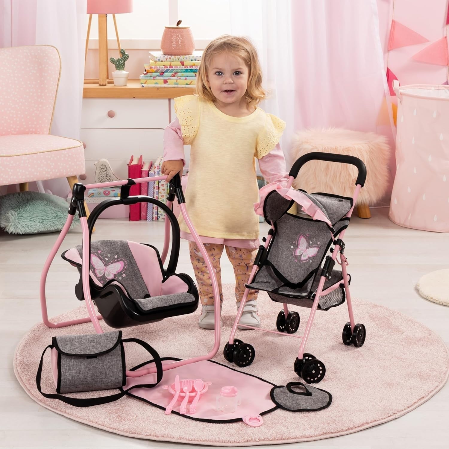 Pink Dolls Stroller Pram Set Pushchair Swing Bag Basket Toy
