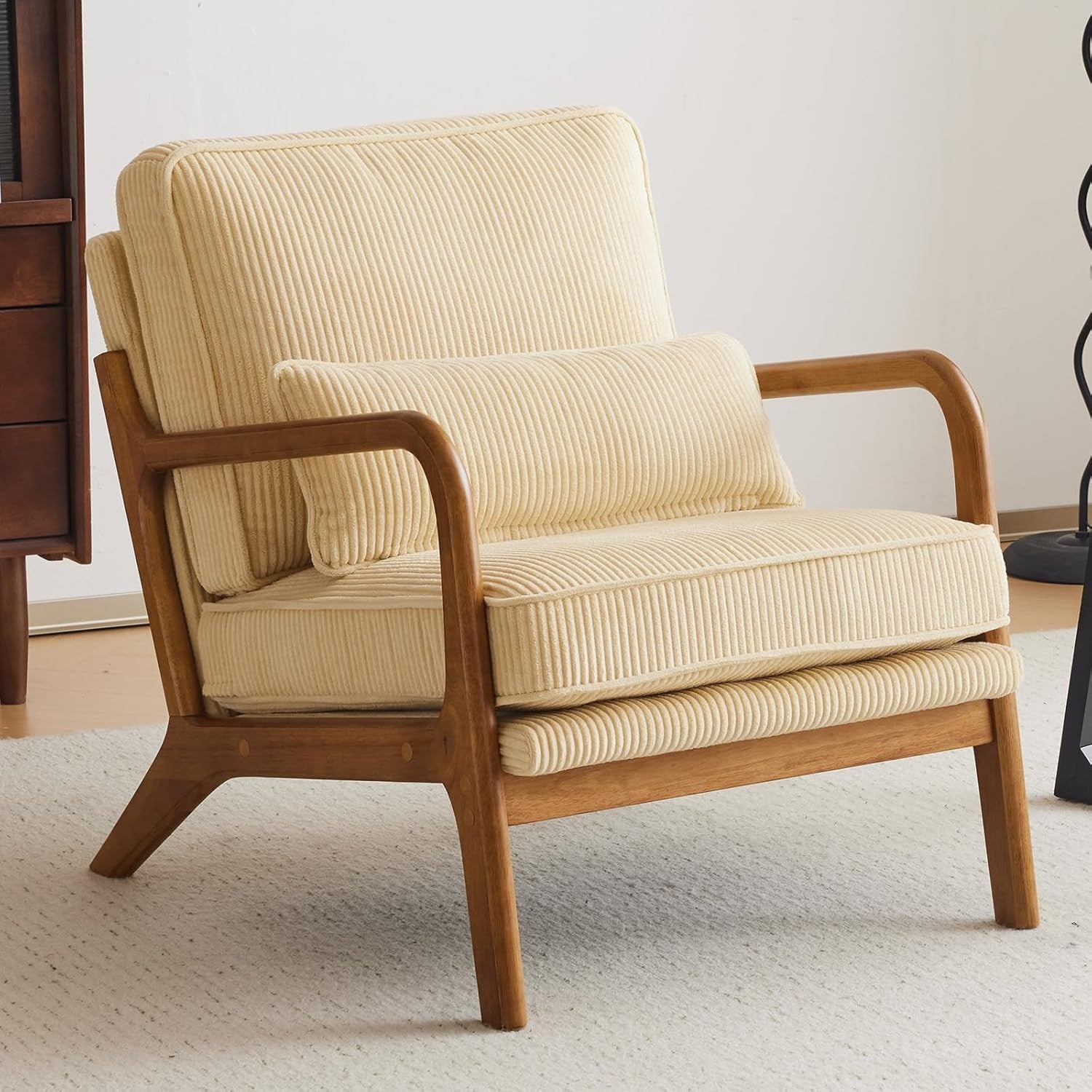 Dark Beige Corduroy Accent Chair – Solid Wood Lounge Armchair