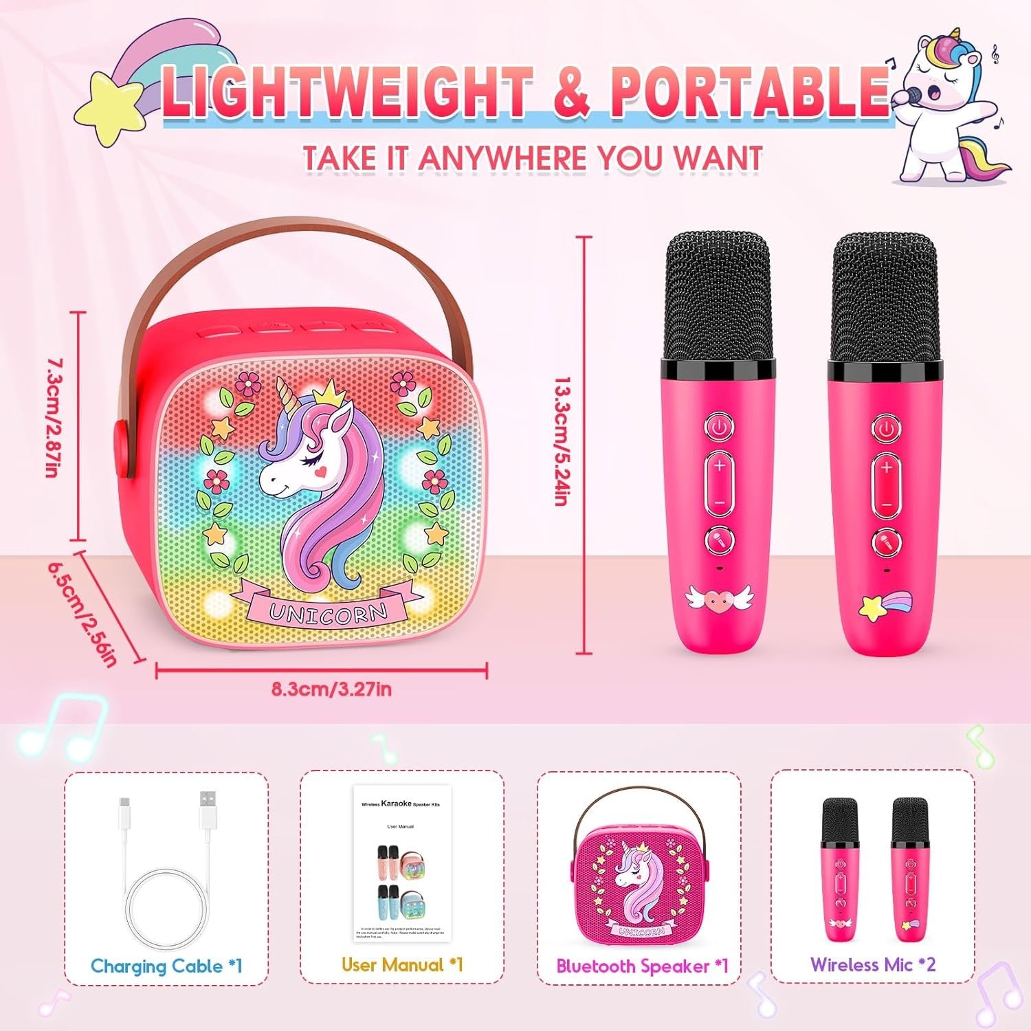 Mini Unicorn Karaoke Machine Kids Bluetooth Speaker 2 Mics