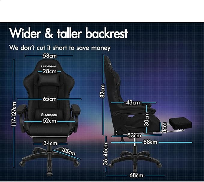 ELFORDSON Gaming Chair w/ Massage Lumbar Cushion Black