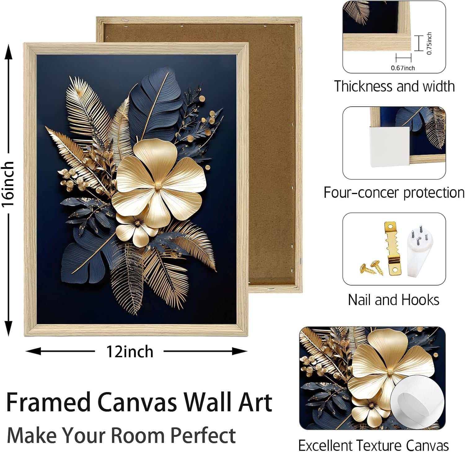 FajerminArt 3-Piece Canvas Wall Art 30x40cm Navy Gold Flowers