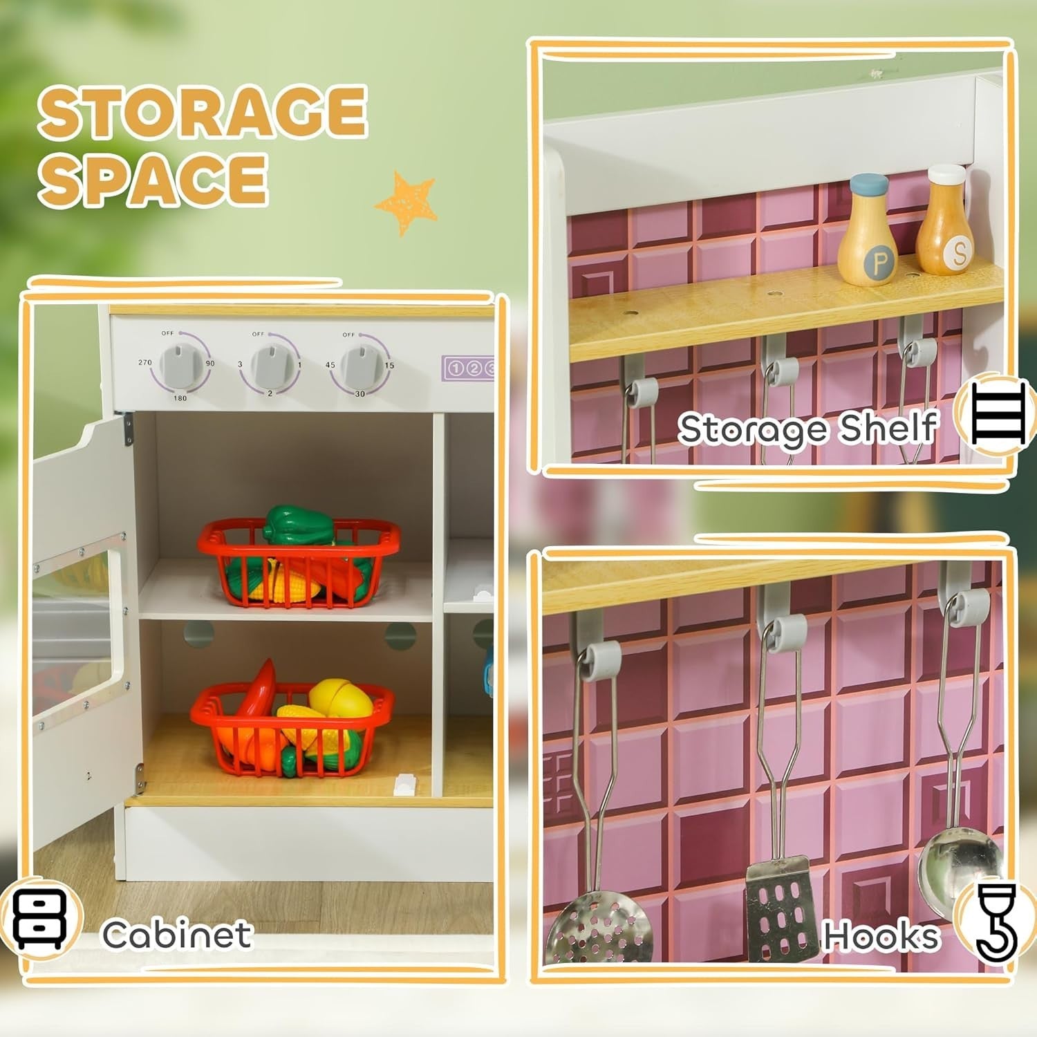 Kids Wooden Play Kitchen w/ Lights Sounds Oven Sink White Toy