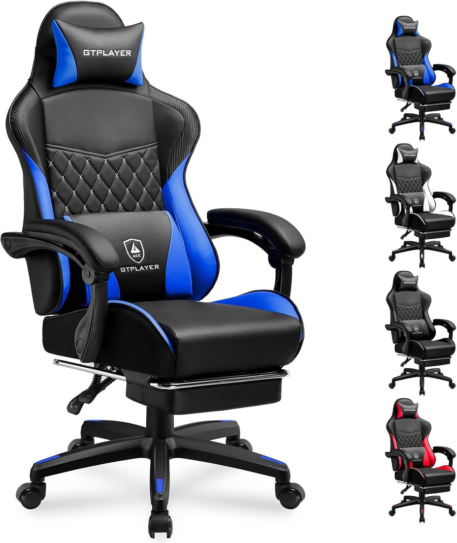 Gaming Chair High Back Leather Footrest Ergonomic Blue