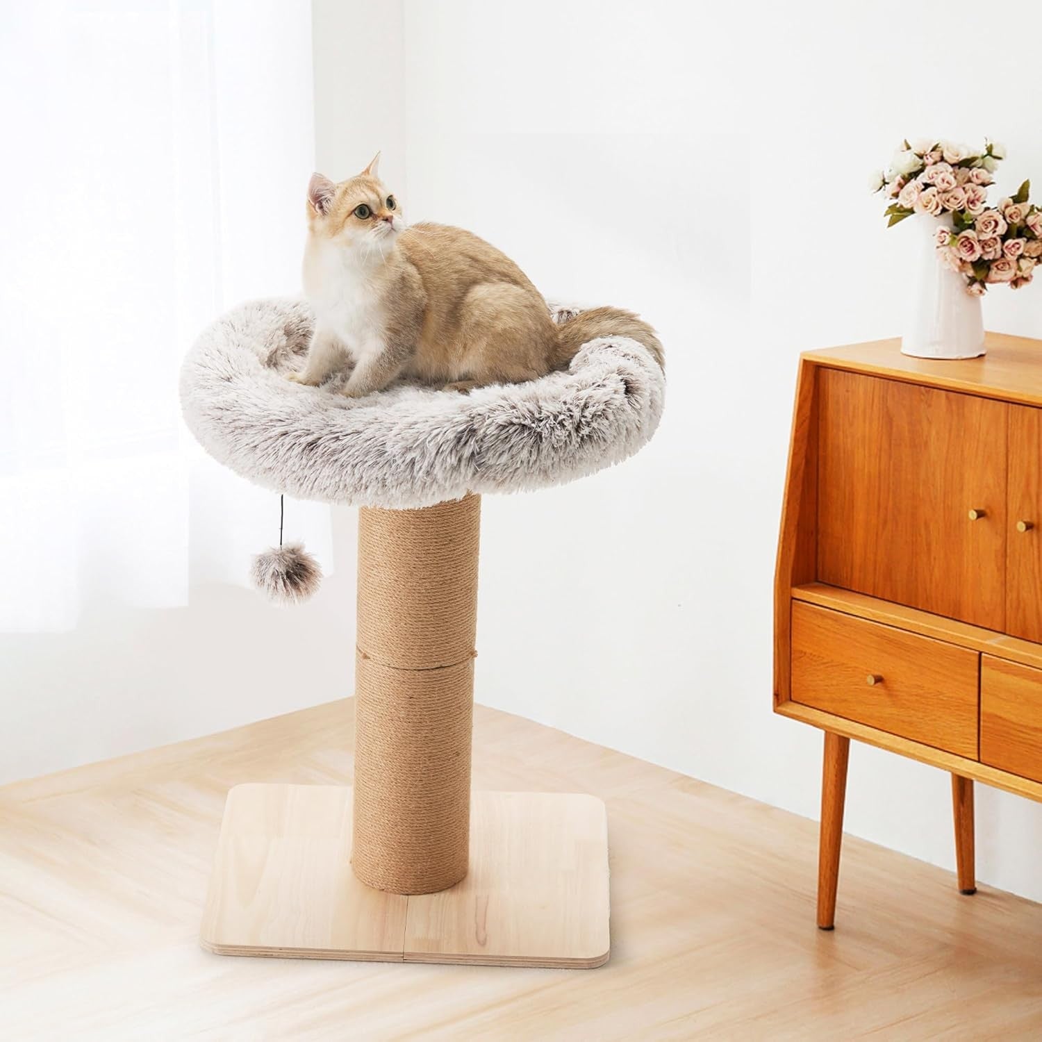 Cat Scratching Post With Plush Bed Solid Wood Jute Rope Indoor Cats