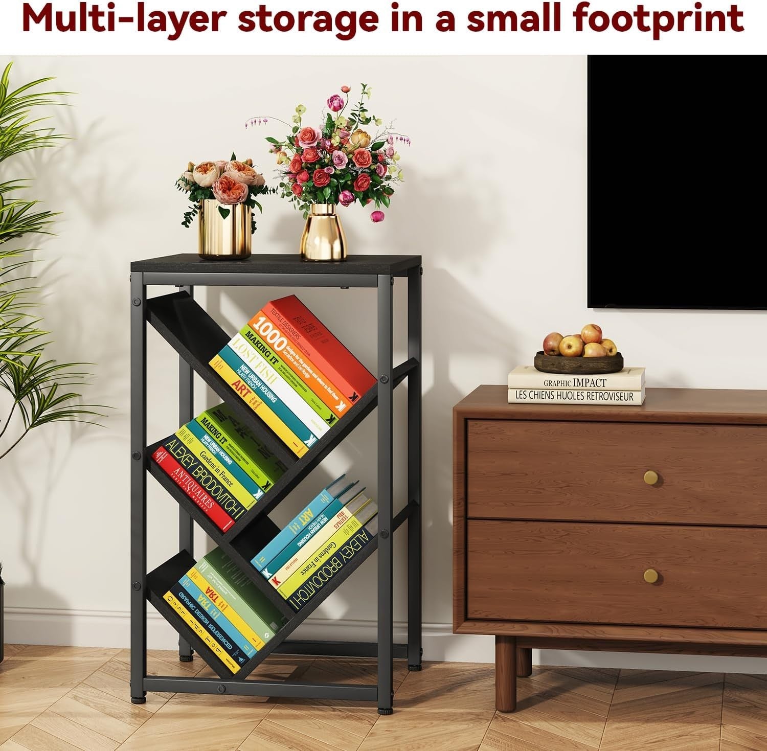 5-Tier Black Tree Bookshelf Small Desktop Storage Organizer Shelf