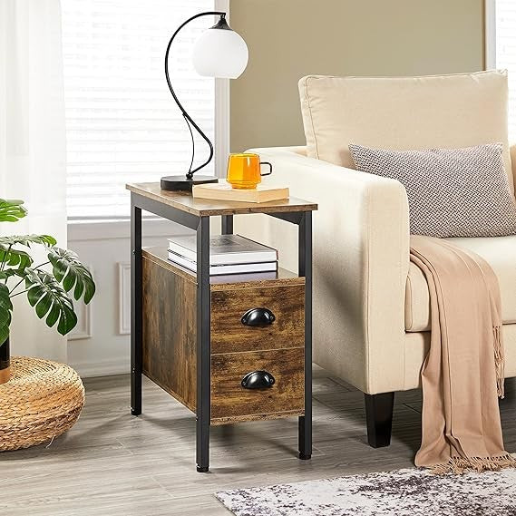 Rustic Brown Slim Bedside Table with 2 Drawers & Shelf | Industrial Side Unit
