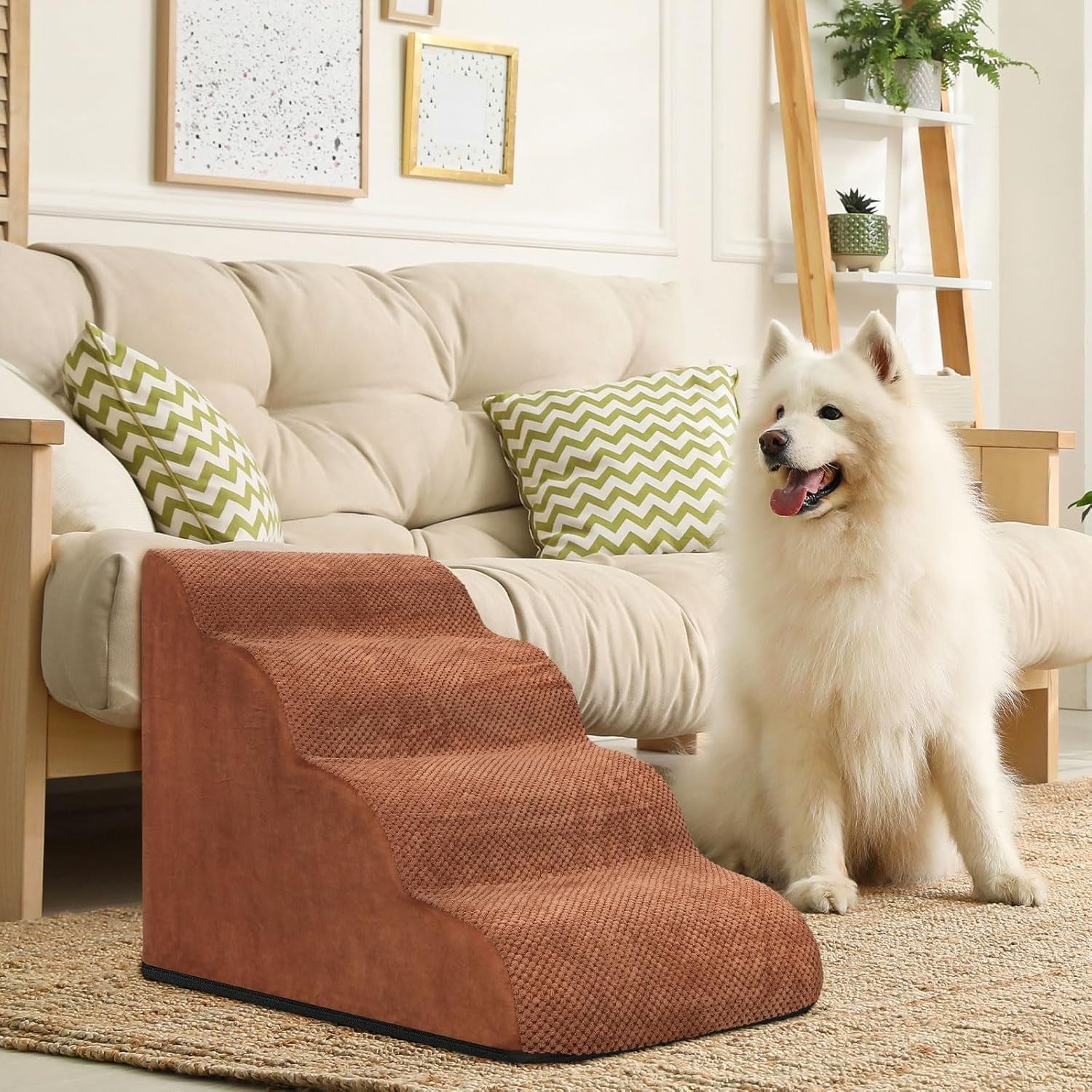 4-Step Dog Stairs Bed Sofa Non-Slip Foam Pet Ladder Brown