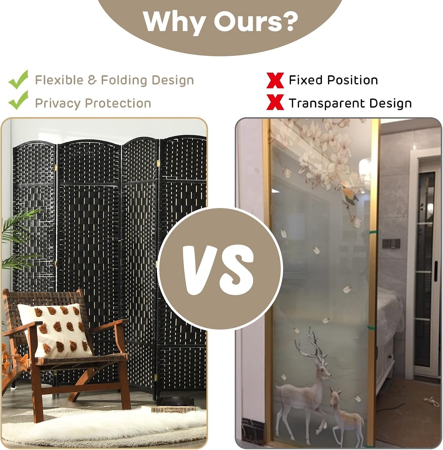 6 Panel Black Wicker Folding Room Divider Privacy Screen for Living Room Office