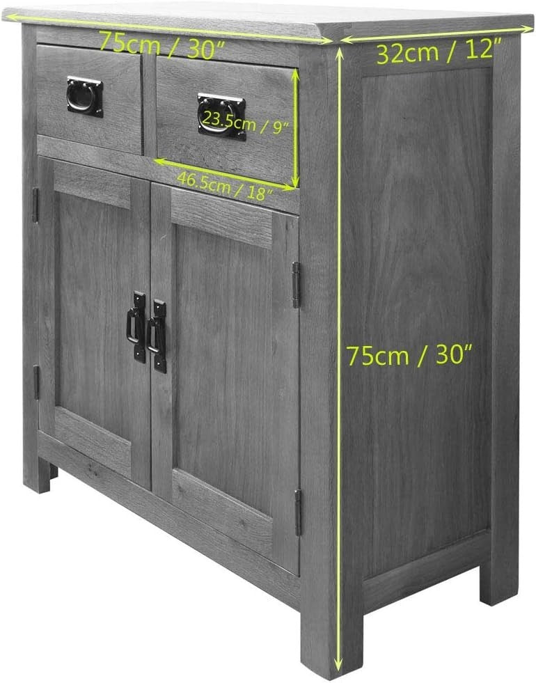 Rustic Oak Sideboard with 2 Drawers & 2 Doors – Solid Wood Mini Cabinet 75cm