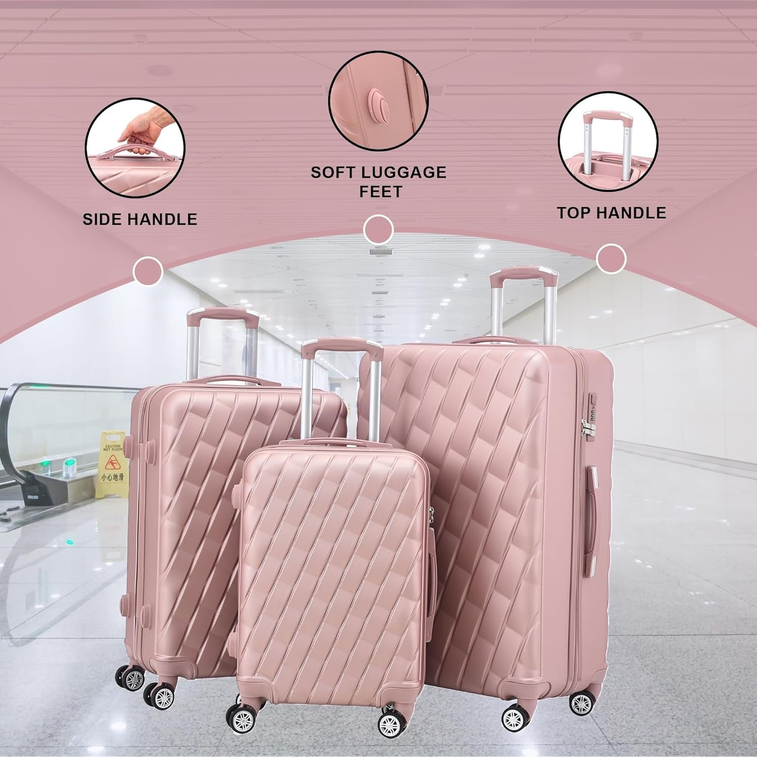 20 Inch Cabin Carry On Hard Shell Suitcase 4 Spinner Wheels Lock Rose Gold