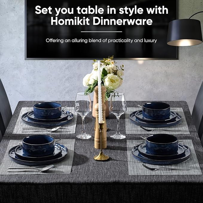 18pc Blue Stoneware Dinner Set Plates Bowls Reactive Glaze Service for 6