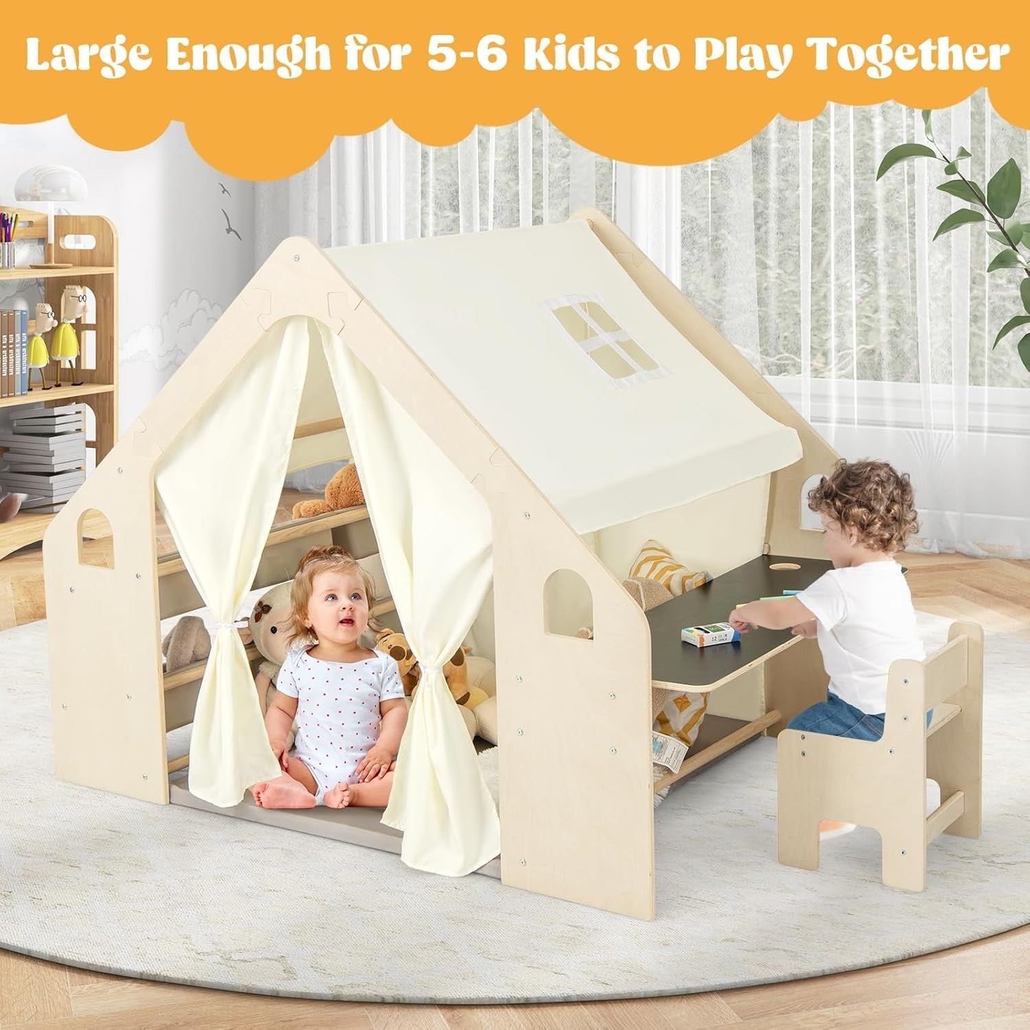 6 in 1 Kids Play Tent Indoor Wooden Playhouse w Mat Table Chair