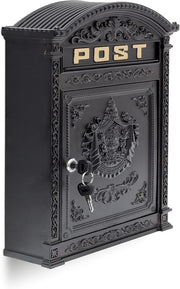 Wall Mounted Antique Mailbox Black Cast Aluminium Lockable A4 Slot Weatherproof