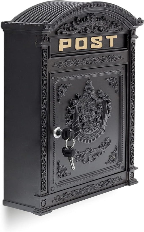 Wall Mounted Antique Mailbox Black Cast Aluminium Lockable A4 Slot Weatherproof