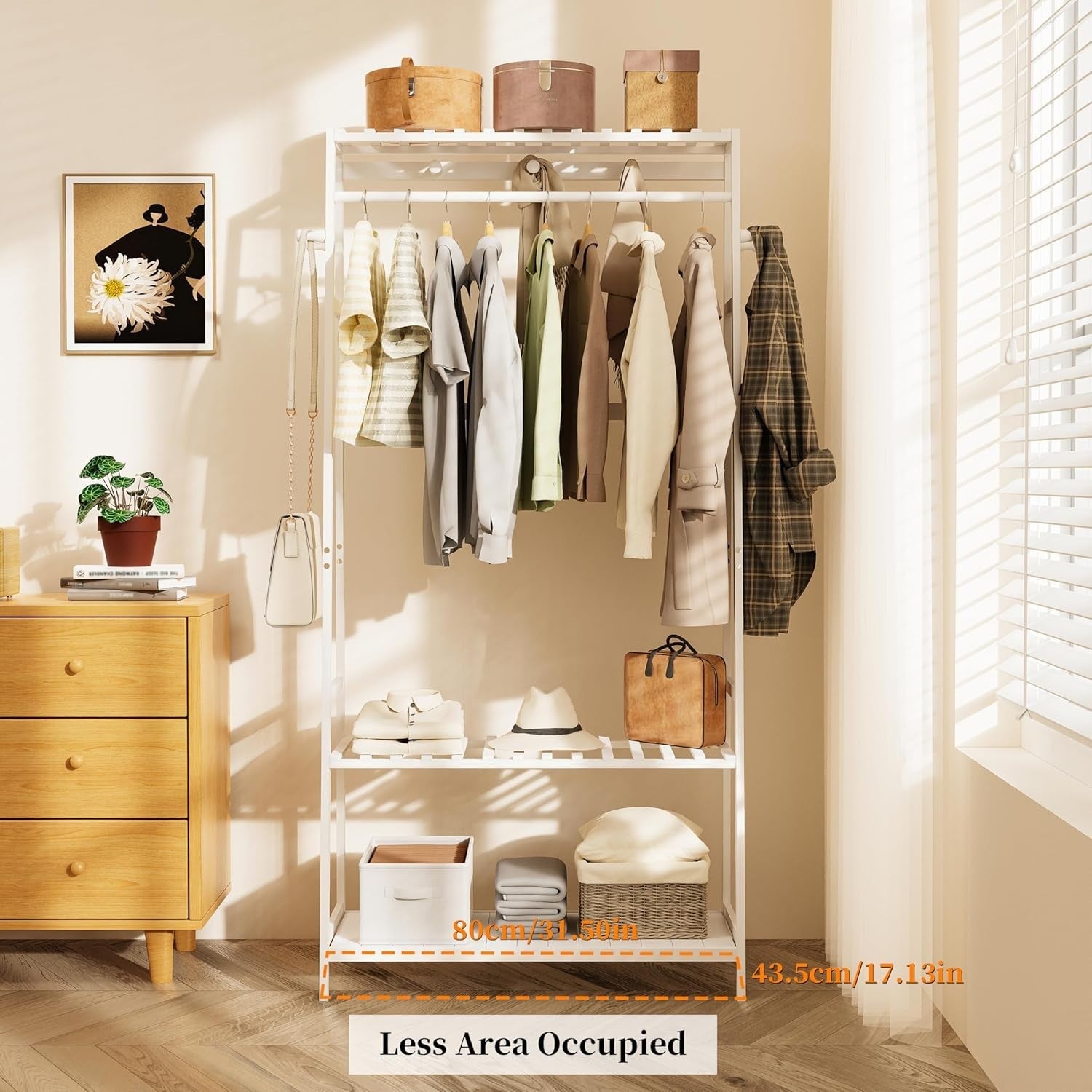 Bamboo Clothes Rail Rack with Shelves & Hooks, White Wardrobe