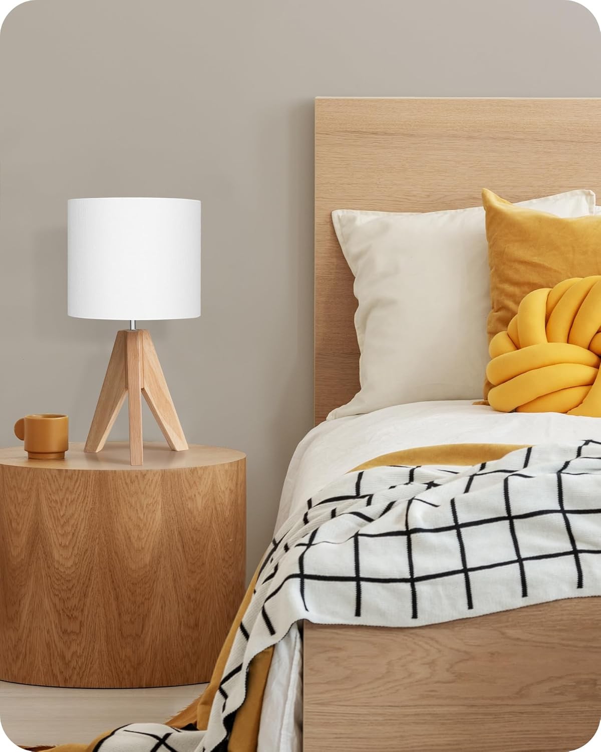 Wood Tripod Table Lamp Bedside Desk Light Linen Shade Reading Bedroom Office