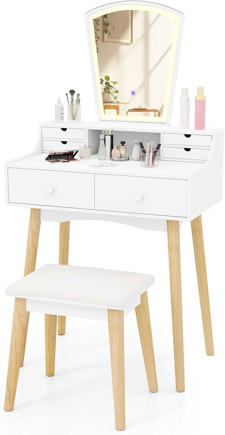 White Vanity Dressing Table Set w/ 3-Color LED Mirror, 6 Drawers & Stool