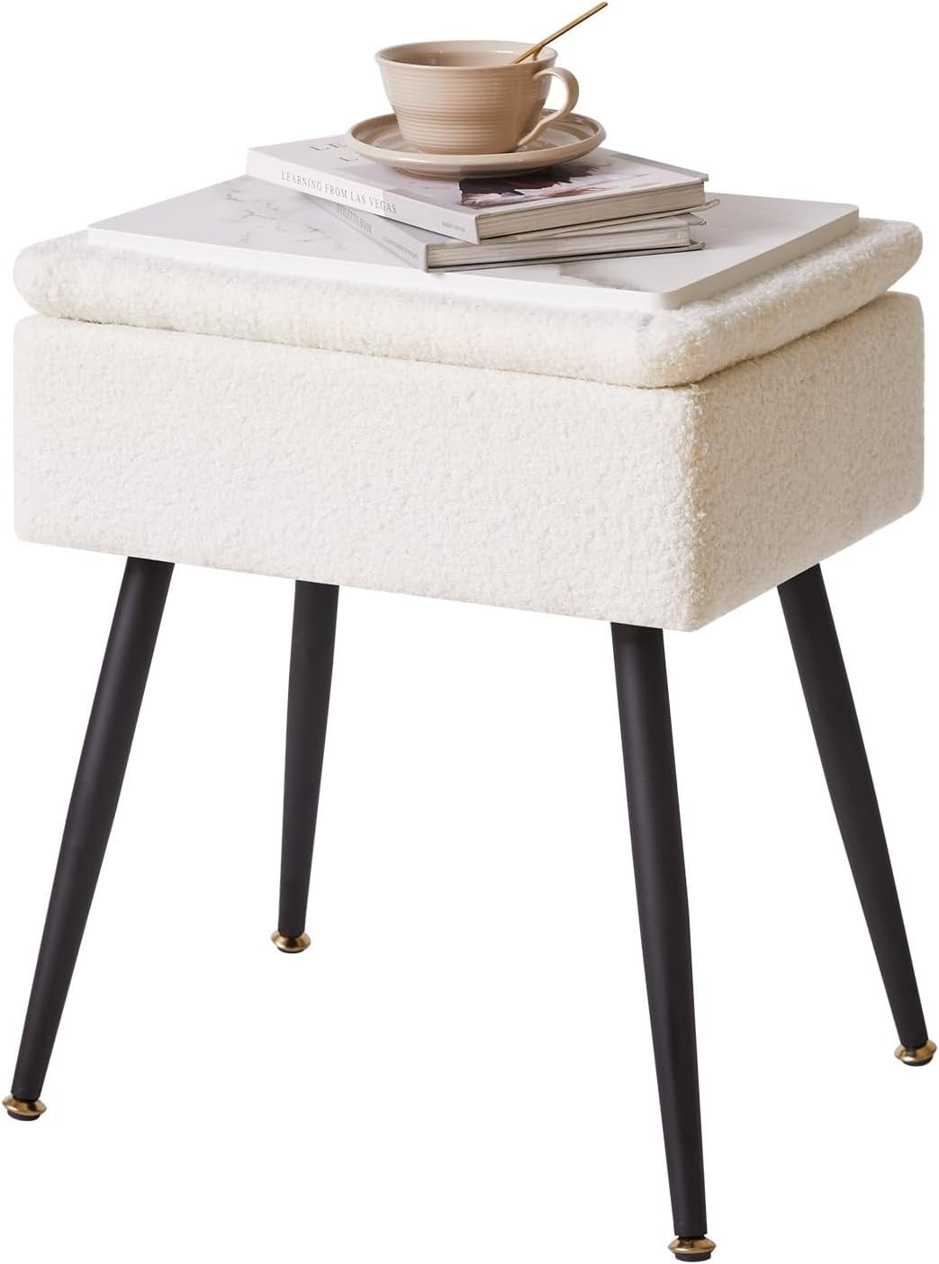 Warm White Teddy Fur Vanity Stool with Storage – Rectangular Makeup Chair