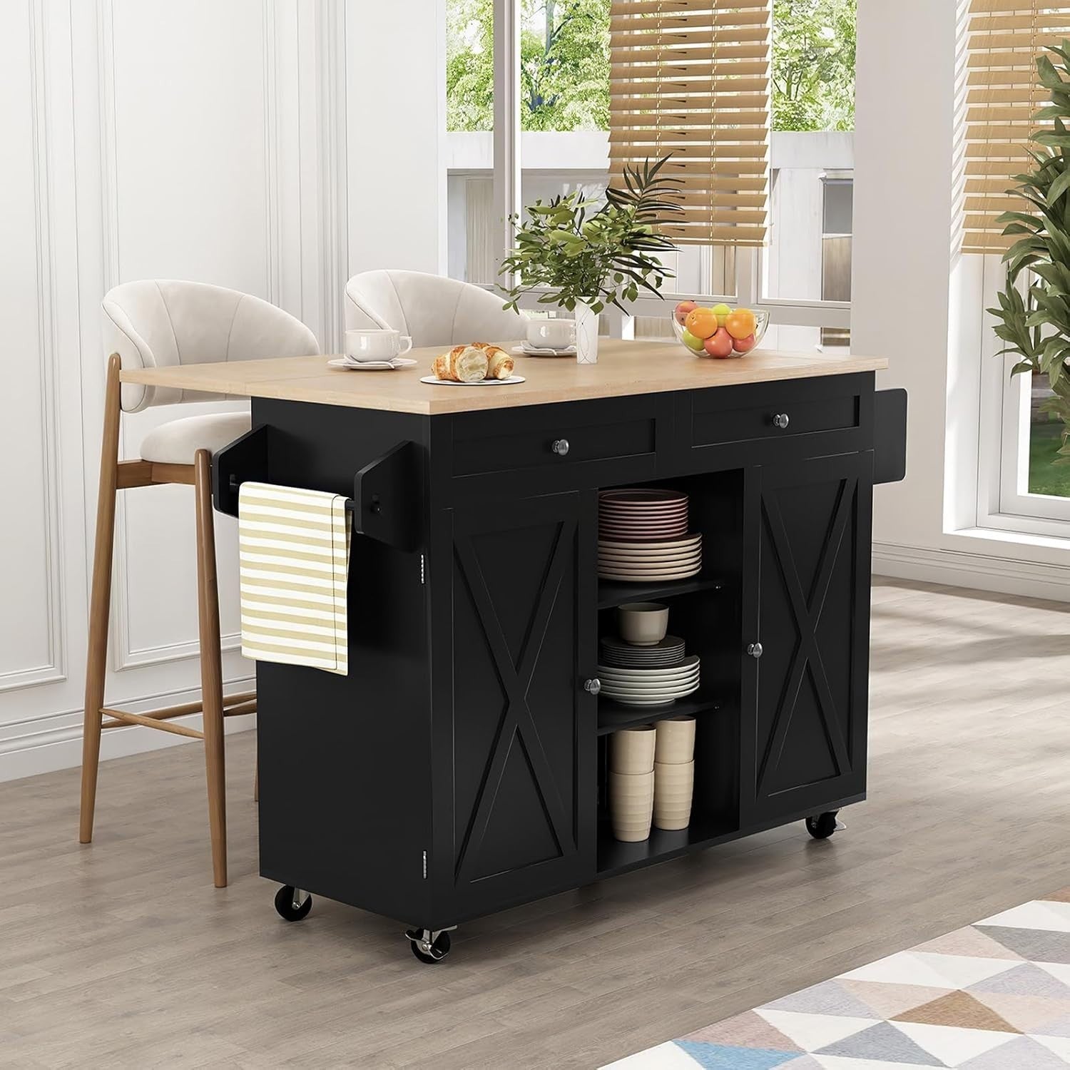 Rolling Kitchen Island Cart with Drop Leaf, Storage Cabinets & Wheels